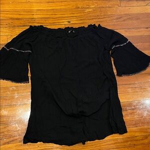 Mlle Gabrielle Black Off-Shoulder Blouse with Colorful Trim